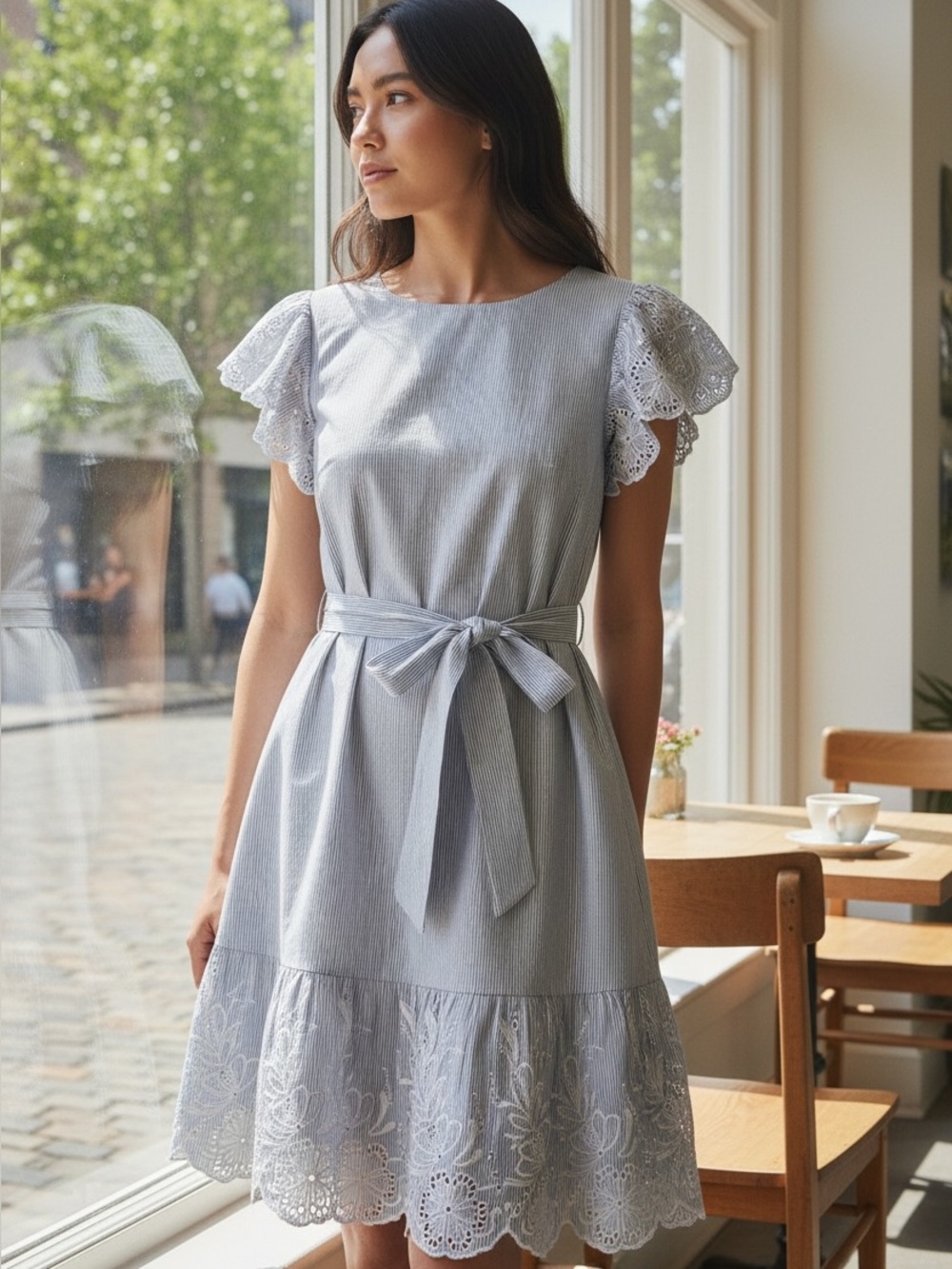 Lauren Ralph Lauren Light Cream Lace-Trim Midi Dress with Belt